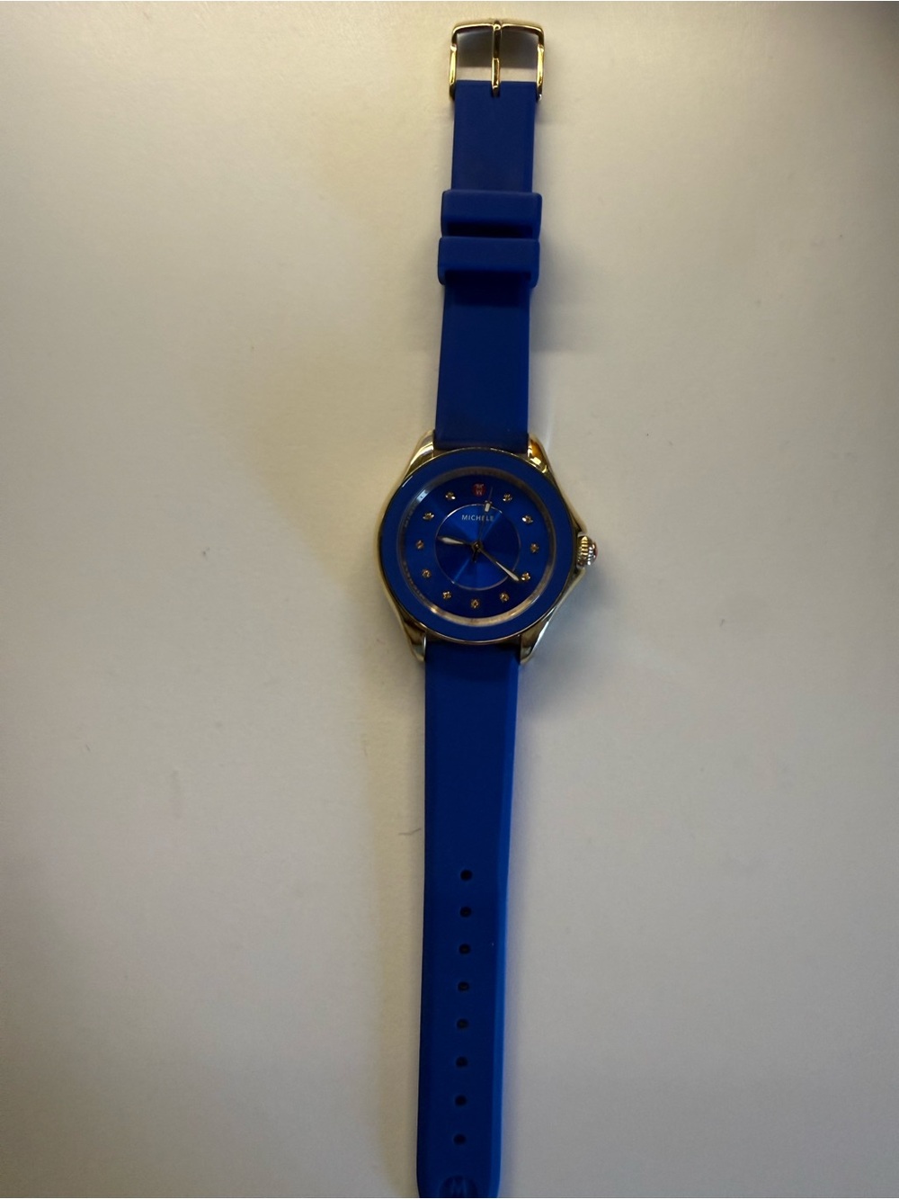 Michele Blue Silicone Strap Watch with Gold Accents